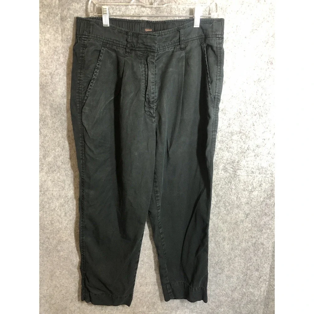 Quince Pants 14 Black Wide Leg Cropped Linen Blend Stretch Casual Career Classic